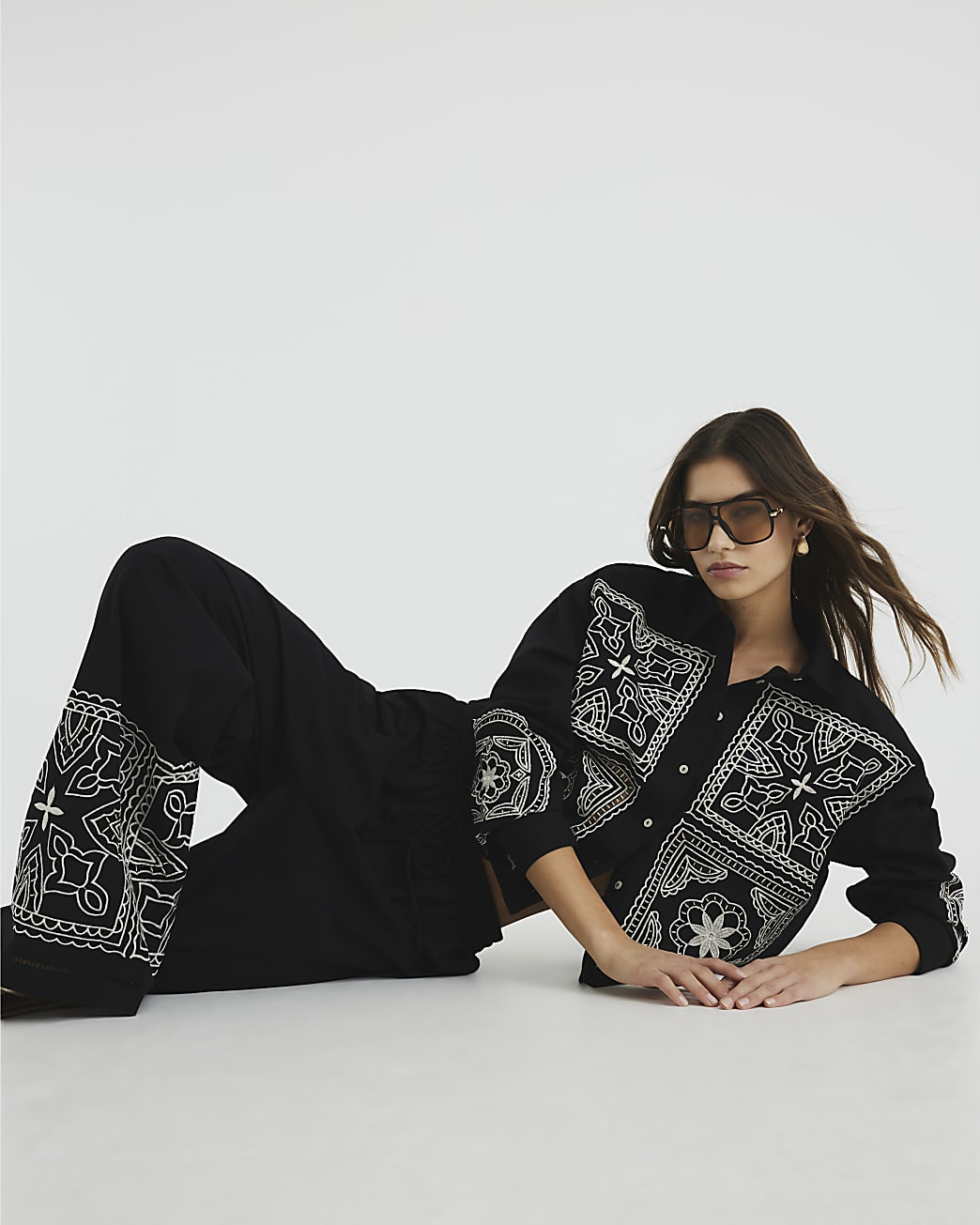 Black Long Sleeve Broderie Patchwork Shirt | River Island UK & IE