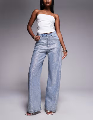ASOS LUXE hotfix embellished wide leg jeans in light blue | ASOS | ASOS (Global)
