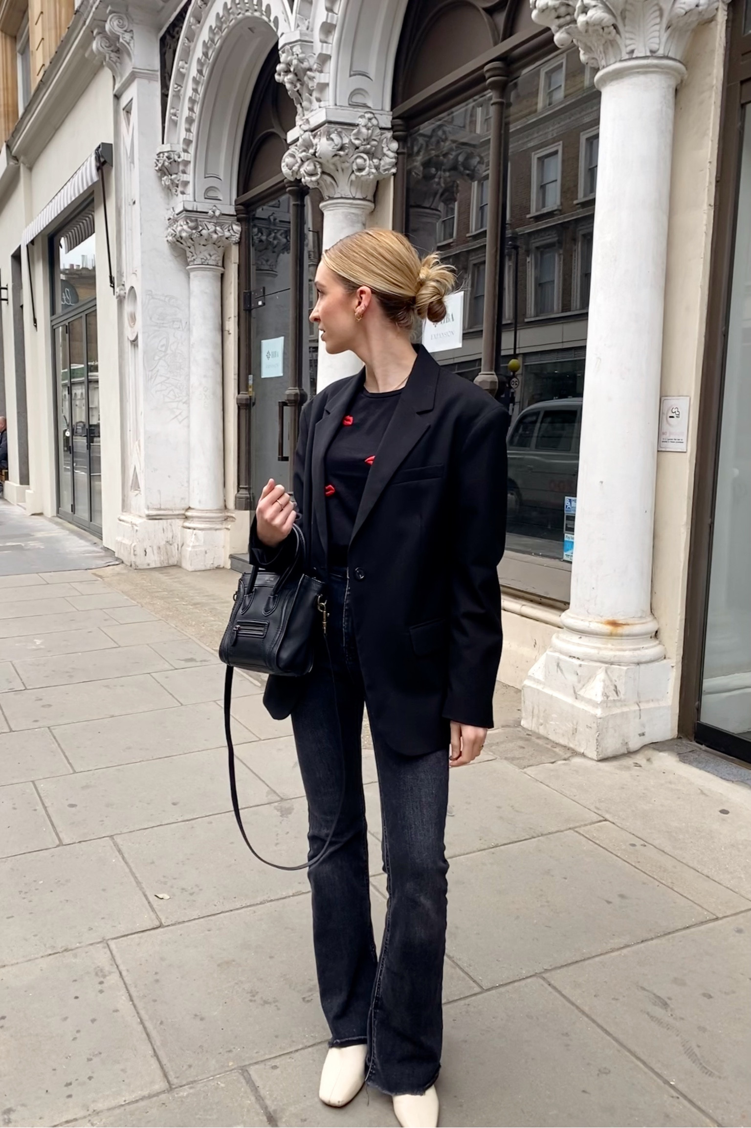 Insta & TikTok @pmmatter for outfit inspiration 🖤 Any questions? DM me on Insta! - minimal style, street style, casual elegant, easy outfit, everyday style, outfit inspiration, clean girl aesthetic, flare jeans, beige heeled boots, black outfit, black oversized blazer 

#LTKstyletip #LTKfit