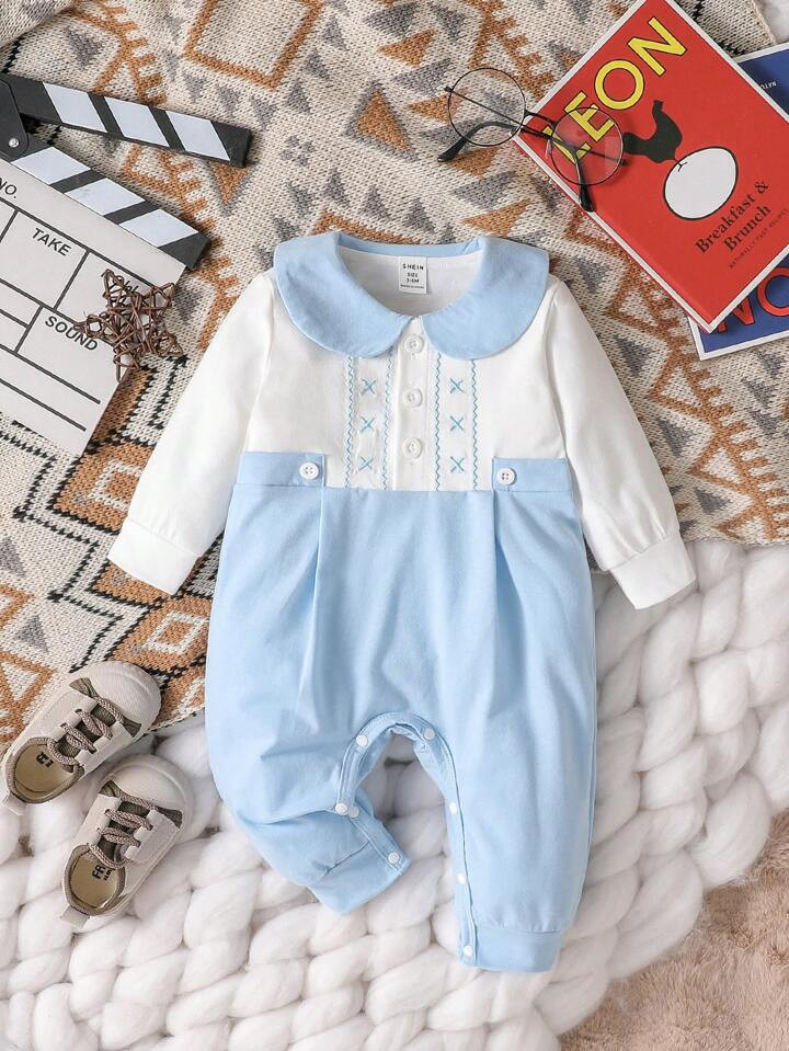 Baby Boy Two Tone Peter Pan Collar Button Detail Jumpsuit | SHEIN