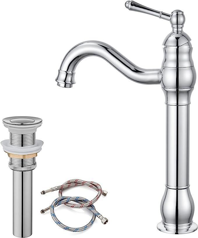 Bathroom Vessel Sink Faucet Polish Chrome Single Handle Lavatory Vanity Mixer Bar Tap with Pop Up... | Amazon (US)