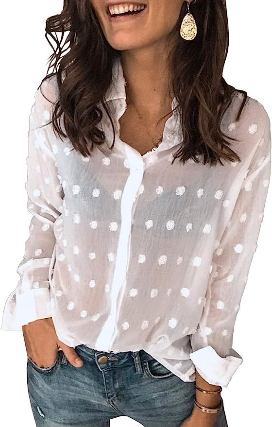 DOROSE Women's Long Sleeve Tops V-Neck Button Down Chiffon Blouse Shirts | Amazon (US)