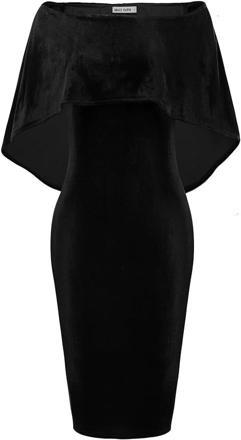 GRACE KARIN Women's Off Shoulder Batwing Cape Slim Midi Dress | Amazon (US)