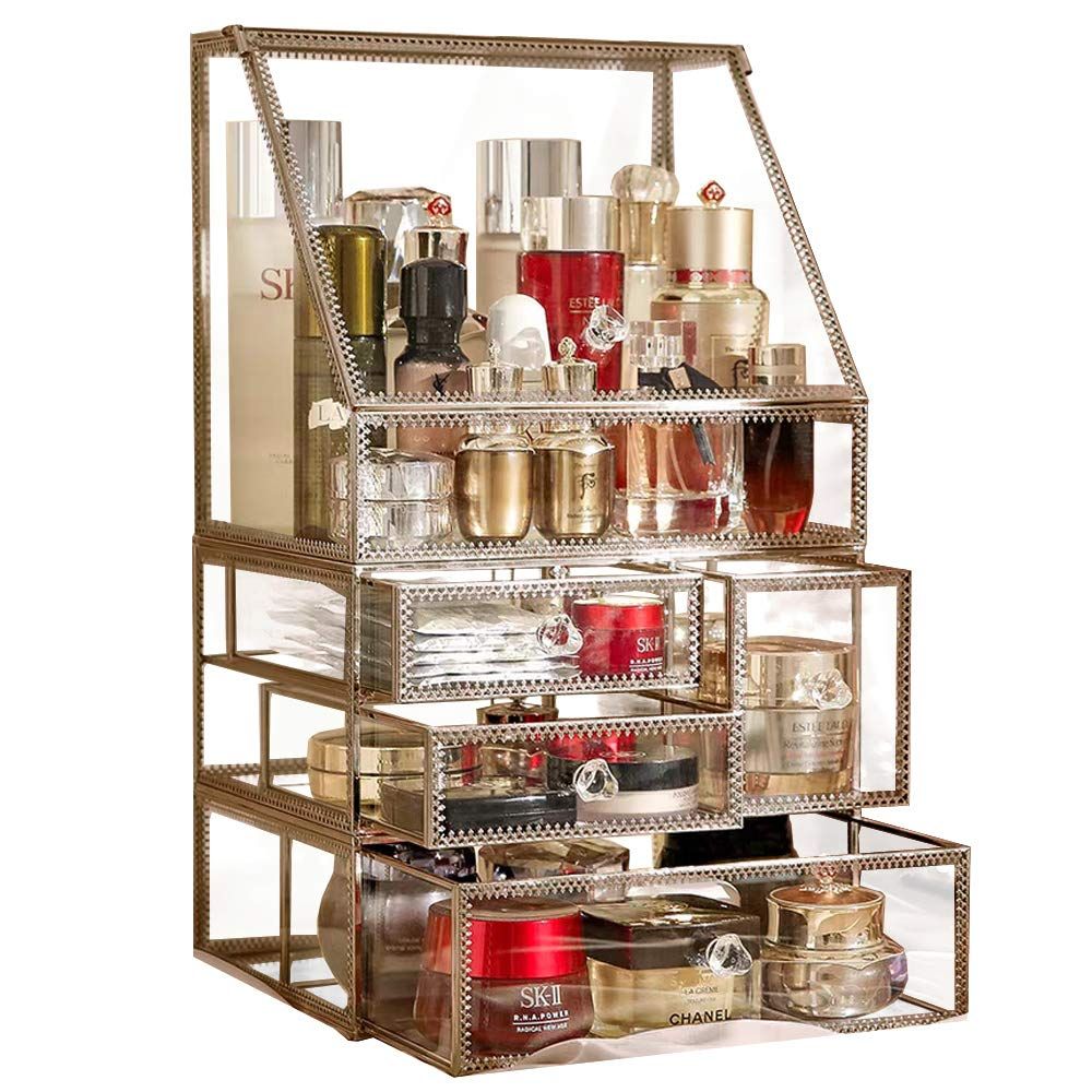 Vintage Stackable Glass Makeup Organizer 3 Tirer 4Drawer Set Cosmetic Storage for Vanity/Bathroom... | Amazon (US)