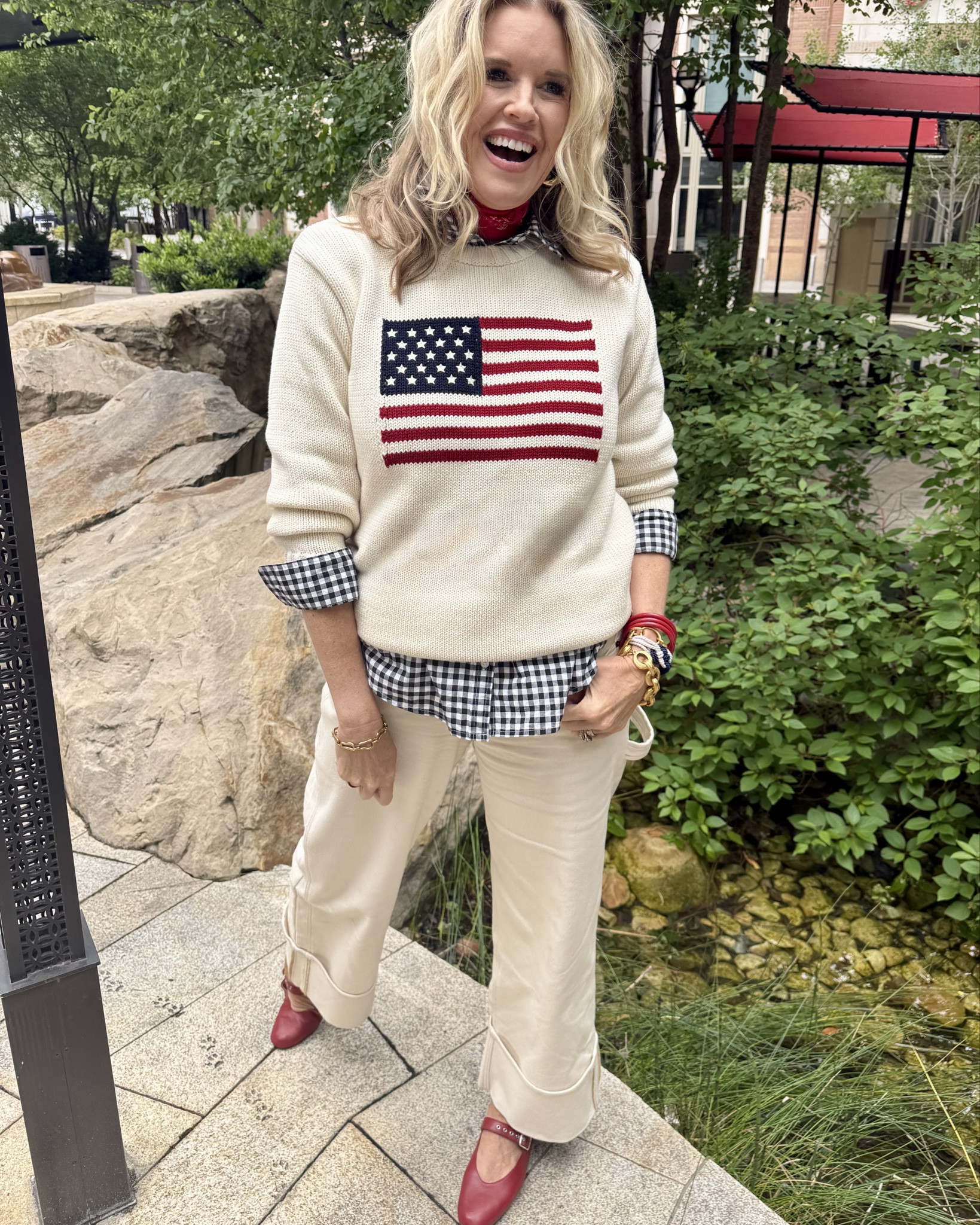 🇺🇸❤️💙
Patriotic/coastal vibe

Perfect for memorial weekend and 4th of July…

It’s all about fun layers that bring things flag sweater to life🇺🇸

Layered look you’ll need:

-Flag Sweater I’ve linked several similar starting at $22 SALE and up (mine is no longer available)

- jeans , pant or shorts
I am wearing cream  jeans, wide leg with large cuff- fit ttt in a 27

- Gingham button up - I am wearing cream jeans an Amazon find fits tts 

- Red neck scarf for an extra pop of color

- Red Mary Jane’s (mine are Madewell

-gold chunky hoop earring (mine are Lisi lurch) 
 
- Stack of Bracelets (mine are a mix of Budha girl (red) and Julie Vos and a anchor navy & white top bracelet I purchased  in the BVI.  

❤️💙I found a great red white and blue stack from Allie and Bess that I linked- save 20% with code: DARCY20

#LTKStyleTip #LTKOver40 #LTKSaleAlert