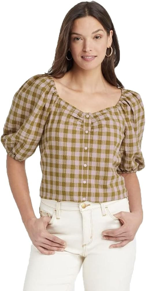 Universal Thread Women's Puff Short Sleeve Button-Front Blouse - (Multicolor Plaid, Medium) | Amazon (US)