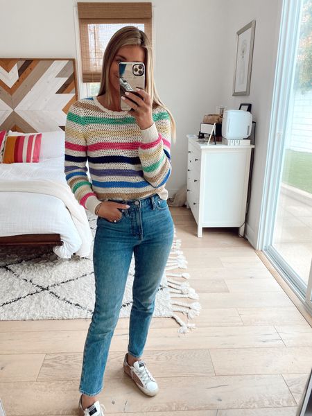 Rainbow 🌈 striped crochet sweater. So fun for spring  

#LTKunder100 #LTKSeasonal #LTKstyletip