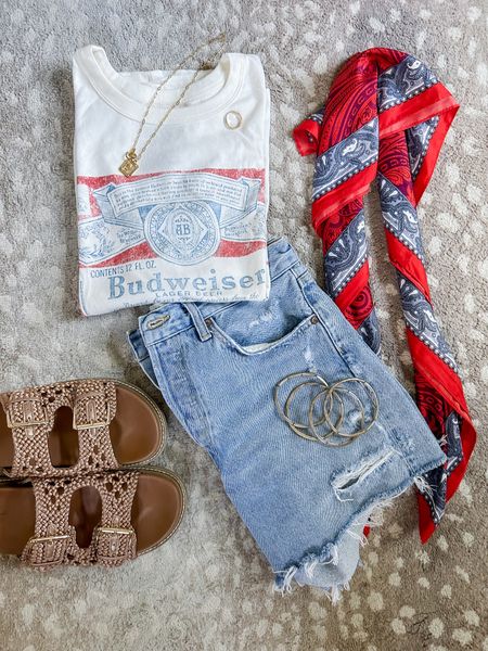 Memorial Day Weekend Outfit Inspo! ❤️🤍💙 

Jean Shorts - size 30 -I sized up two sizes in these shorts to get a more comfortable fit. You could definitely get away with just one, but I wanted them to be comfy and loose. They are true denim and are a beautiful light wash.

Graphic tee - size L - I sized up in this to get a more oversized fit, but I think it fits oversize if you get your true size as well. has a really fun design on it and is super soft and comfy. *exact tee is in stores only 🤷🏼‍♀️*

Sandals - TTS -these have been my favorite sandals so far this summer they’re super comfortable and their details are rivaling designer.