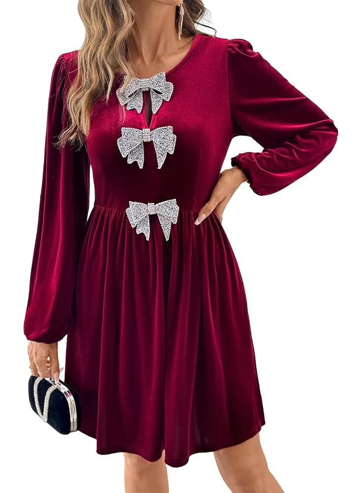 Happy Sailed Womens Velvet Dress Fall Winter Long Sleeve Front Bowknot High Waisted A Line Cockta... | Amazon (US)