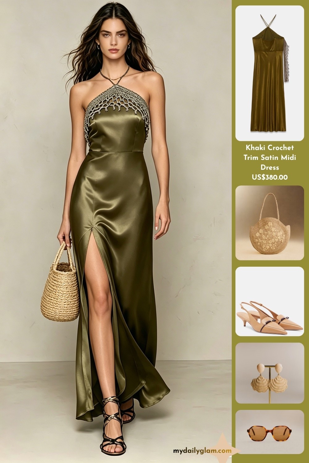 Khaki Crochet Trim Satin Halter Midi Resort Evening Dress
#SatinHalterDress #ResortWearOutfit #OliveGreenDress