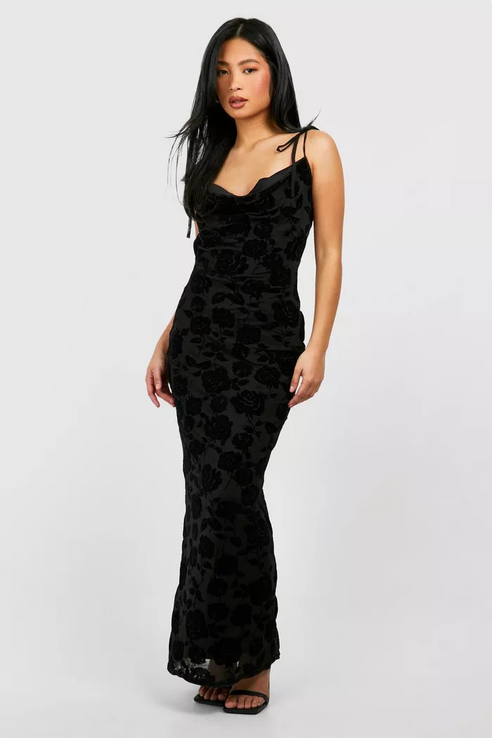 Petite Floral Devore Cowl Front Maxi Dress | boohoo (US & Canada)