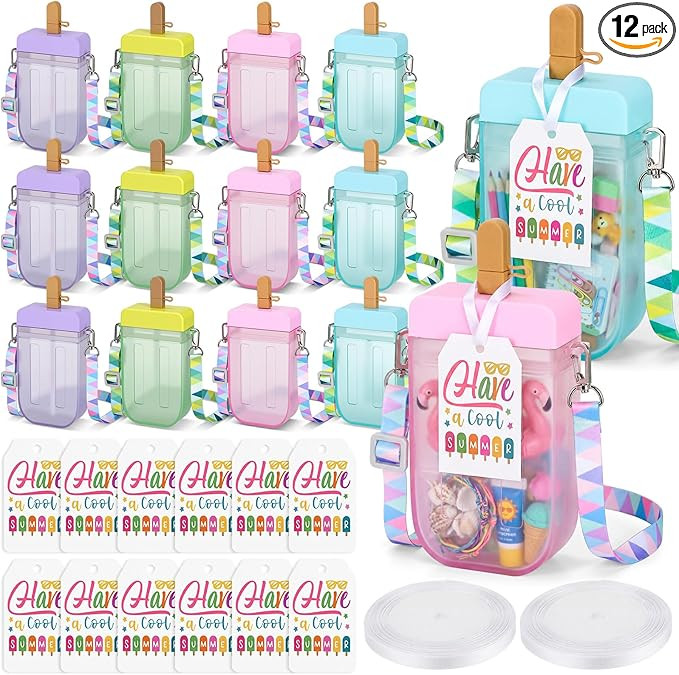 LemonRoad 12 Pcs Ice Cream Water Bottles with Straws Kawaii 10oz Plastic Ice Pop Cups with Should... | Amazon (US)