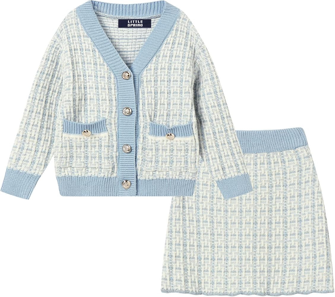 LittleSpring Girls Elegant Cable Knit Sweater Sets Knit Cardigan and Skirt Outfits | Amazon (US)