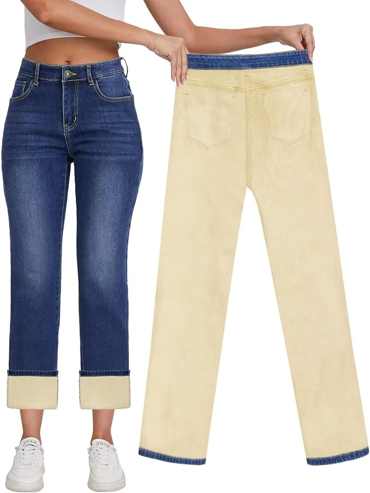 KDF Women's Fleece Lined Jeans Women High Waisted Straight Leg Jeans Winter Fleece Lined Jean Pan... | Amazon (US)