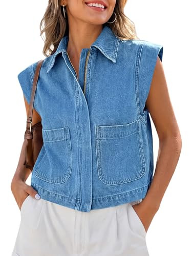 Tankaneo Womens Zip Up Denim Vest Top Summer Cap Sleeve Cropped Jean Vests | Amazon (US)