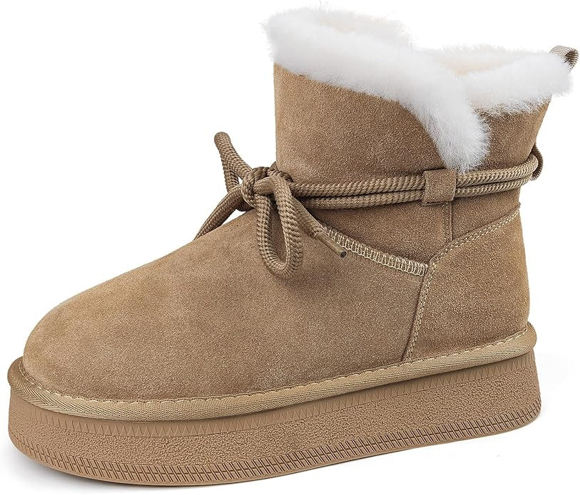 MISSMILLER Womens Snow Boots Genuine Suede Faux Fur Lining Warm Lace Up Walking Boots Anti-Slip C... | Amazon (US)