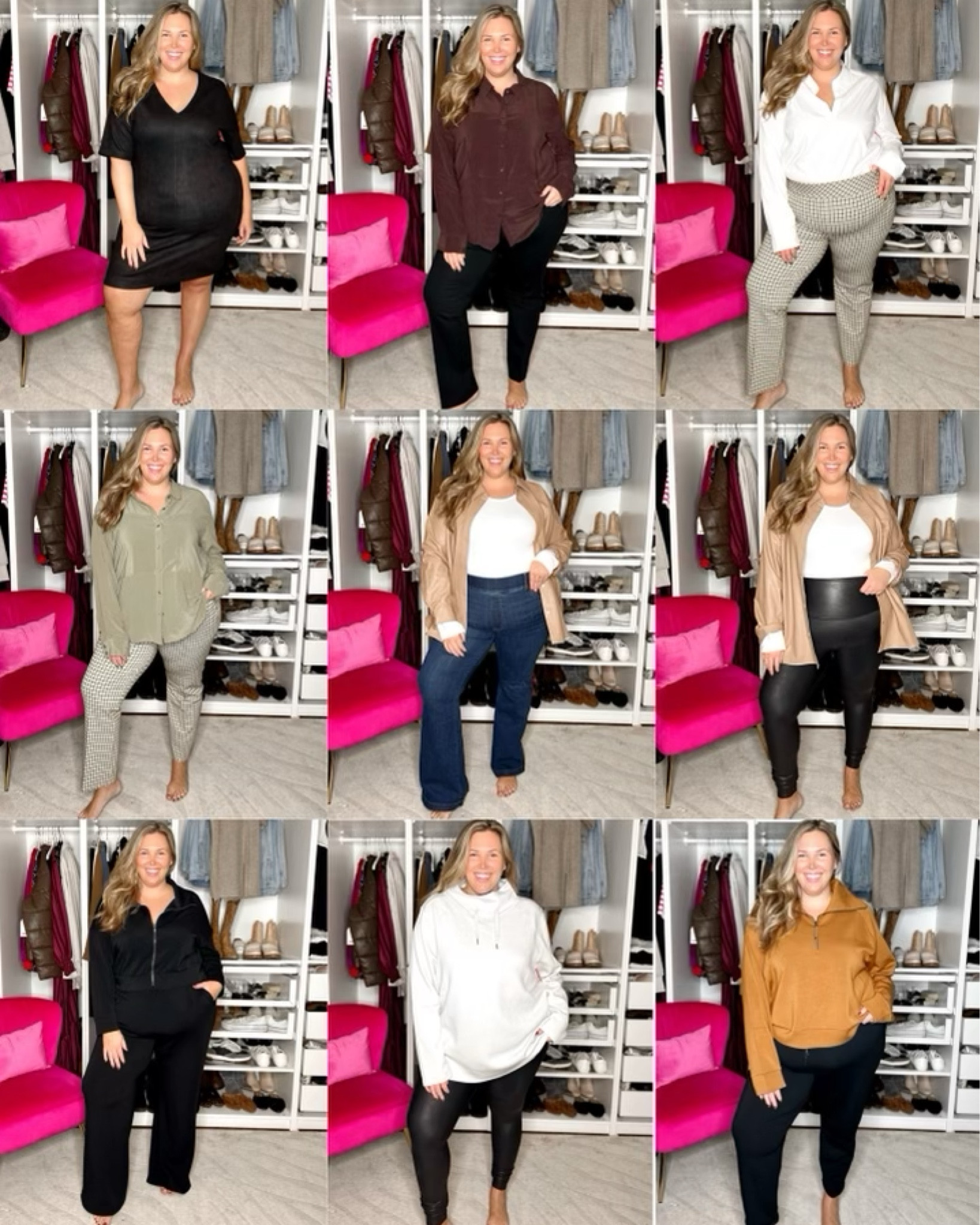 Plus Size SPANX Fall Haul! Use code ASHLEYDXSPANX for a discount on full price items at checkout! They’re also having a flash sale on some of these items! Size info-
Look 1 (top left): Dress runs true to size 2X.

Look 2 (top middle): Top runs small in the hips, size up, I’m wearing 3X! Pants run true - wearing a 2X! 

Look 3 (top right): Bodysuit and pants both run true - wearing a 2X in both! Look 4 (middle right): Top runs small - size up I’m in 3X. The pants run true- I'm in a 2X!

Look 5 (middle center): Jeans run true, size up if unsure - I’m in 2X. Bodysuit runs generous I’m in 2X and have room. Leather Like Button Down shirt runs true but size up if you want to button it all the way - I'm in 2X here.

Look 6 (middle left) Leggings run true - I’m in a 2X! Look 7 (bottom left): Jumpsuit runs true - I'm in a 2X. 

Look 8: Pullover runs small in the hips - size up, I’m in 3X. Faux leather Leggings run true - 2X. 

Look 9 (bottom right): Joggers run small, size up I’m in 3X. Pullover half zip runs true I’m in 2X. Black jacket not pictured runs true, I have 1X but could do 2X. 

#LTKplussize #LTKsalealert #LTKworkwear