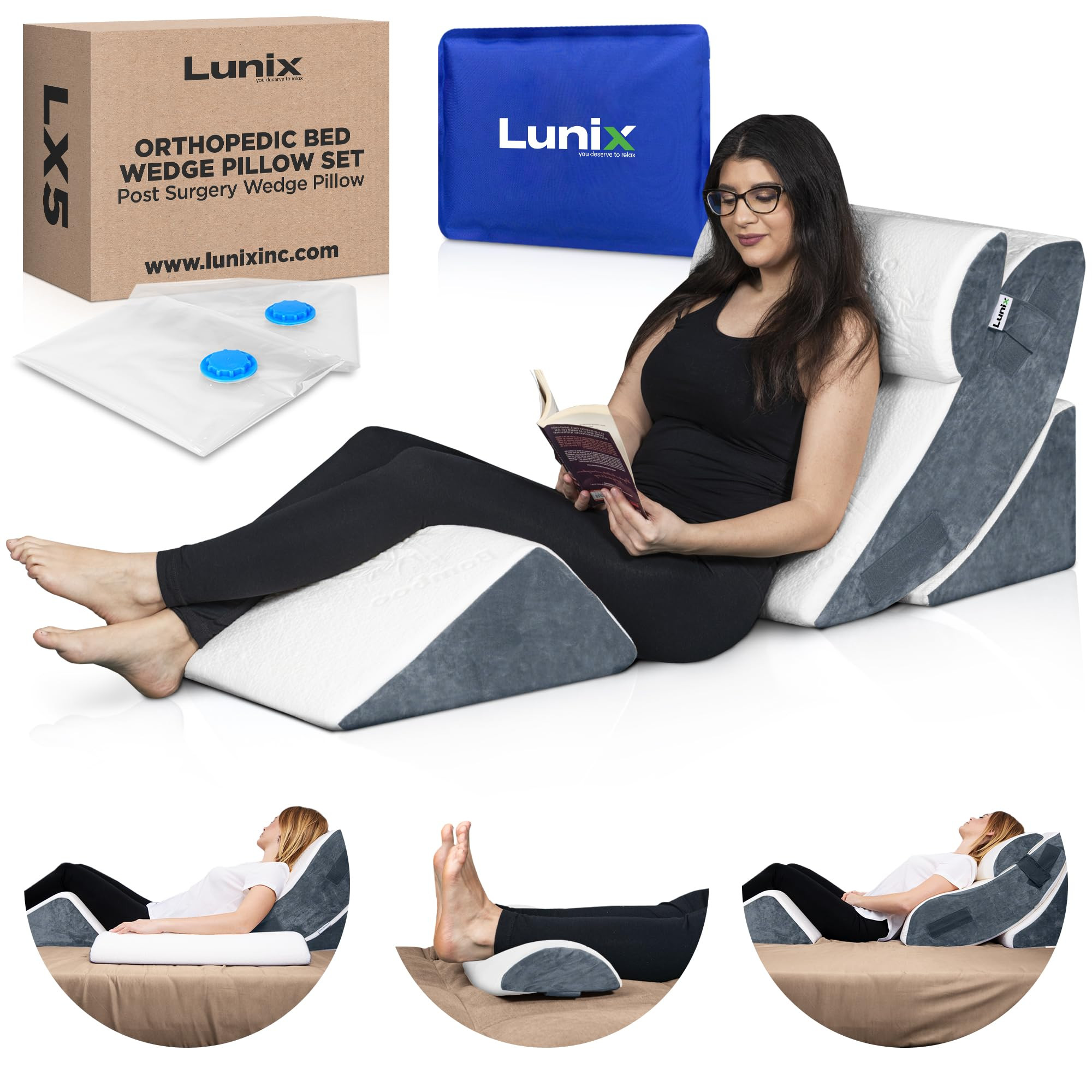Lunix 4pcs Orthopedic Bed Wedge Pillow Set, Post Surgery Memory Foam for Back, Knee, Leg Pain Rel... | Amazon (US)