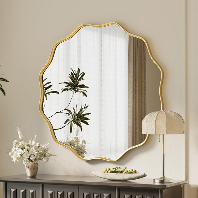 Gold Scalloped Circle Mirror, 24" Wavy Edge Round Wall Mirror | Tempered Glass Textured Circular ... | Amazon (US)