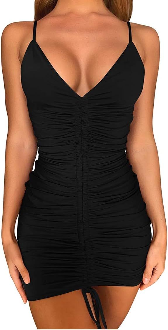 TOB Women's Sexy Adjustable Ruched Spaghetti Strap Sleeveless Club Bodycon Mini Dress | Amazon (US)