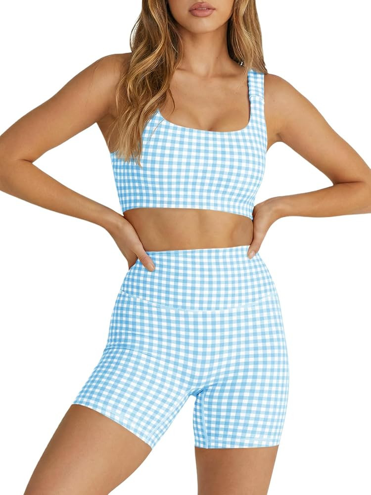 Aoysky Womens Workout Gingham 2 Piece Outfits Padded Open Back Crop Tank High Waist Sports Shorts... | Amazon (US)