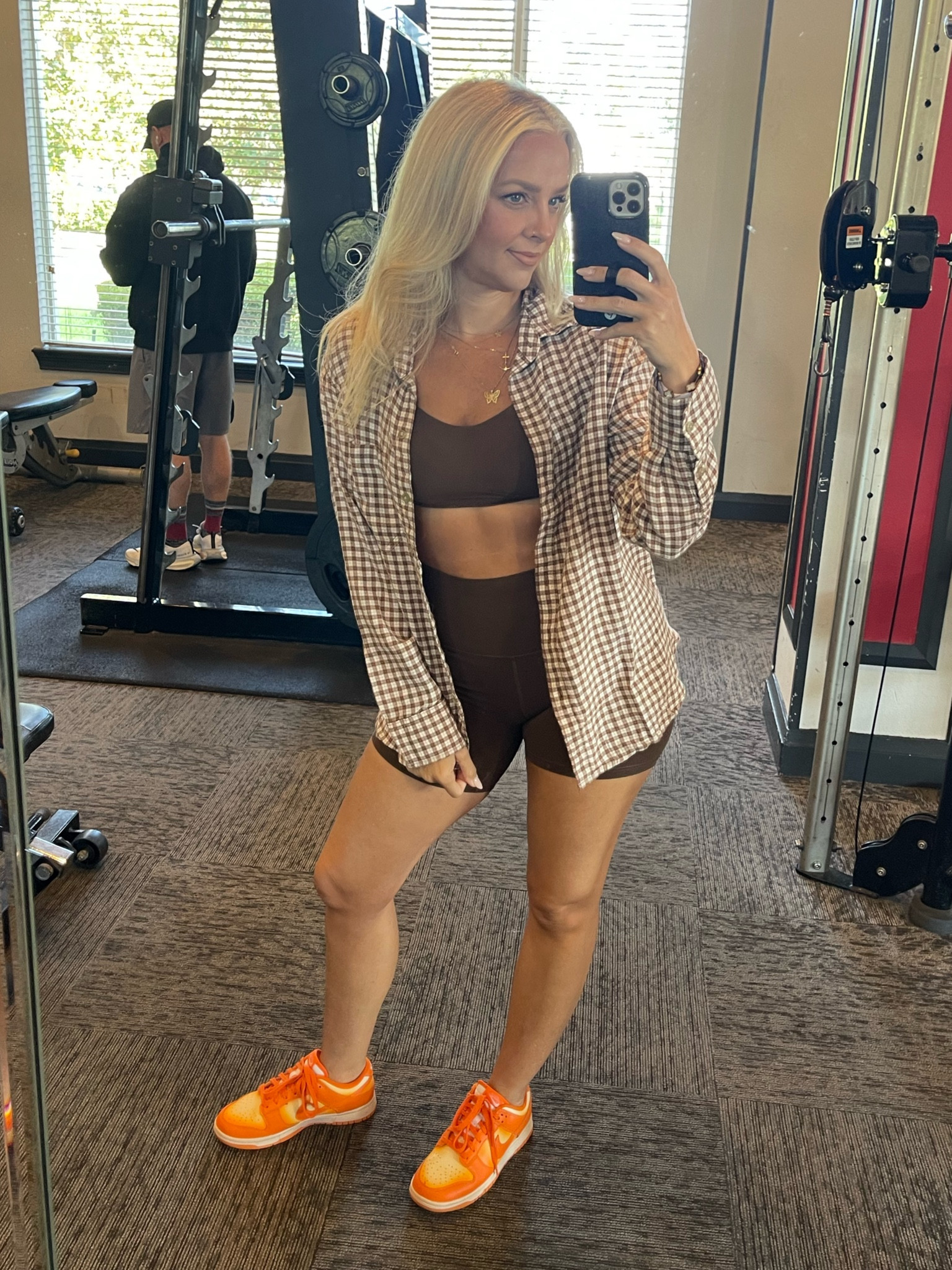 Gym fit. Fall outfit. Fall gym outfit. American Eagle flannel, Lululemon cloud, bra Lululemon align, biker shorts.

#LTKfitness #LTKover40 #LTKstyletip