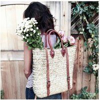 Straw Basket Backpack | Beach Bag Boho Backpack Grocery Leather Bracelets Handmade French Straw | Etsy (US)