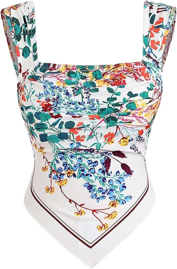 MakeMeChic Women's Floral Print Sleeveless Shirred Tank Top Square Neck Ruched Asymmetrical Summe... | Amazon (US)