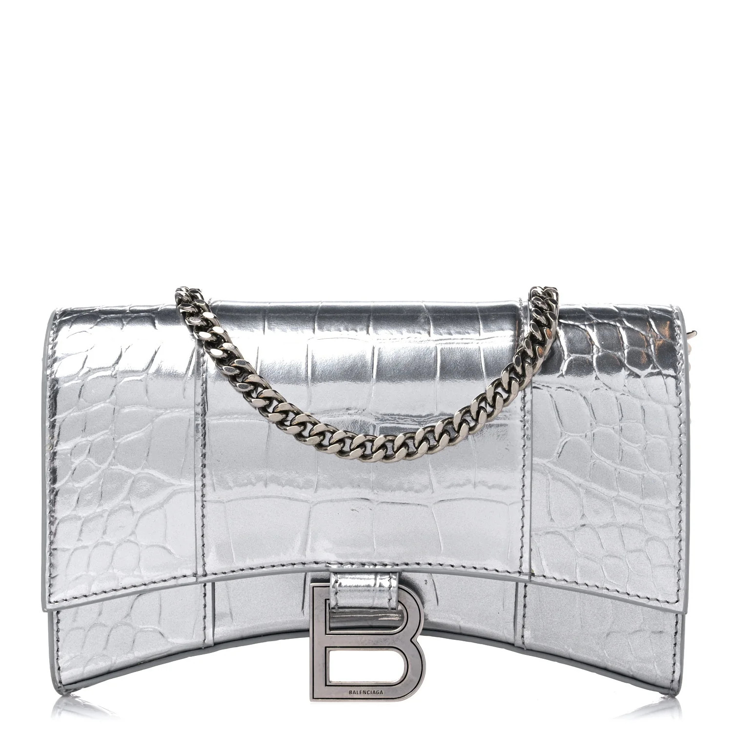BALENCIAGA Shiny Calfskin Crocodile Embossed Hourglass Chain Bag Gris Aluminum | FASHIONPHILE (US)