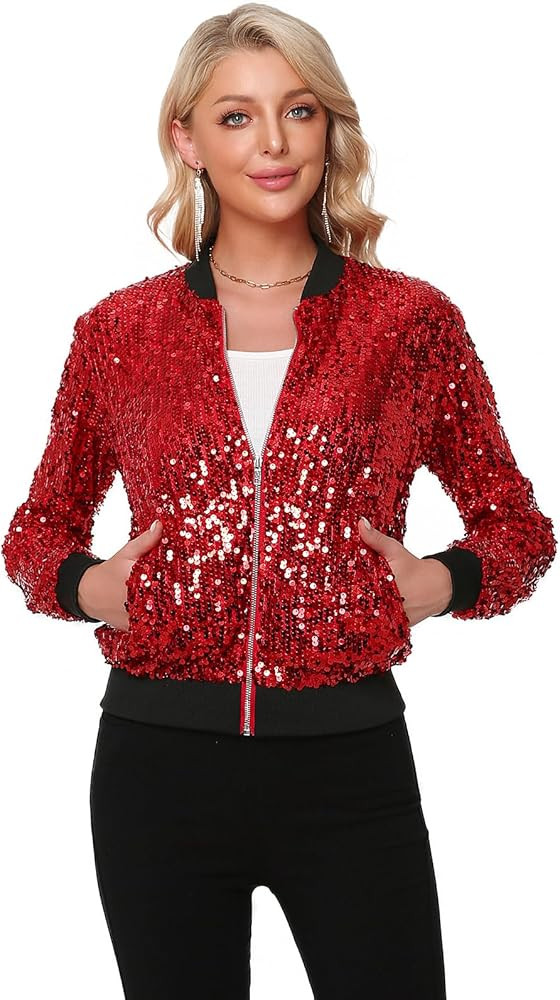 Womens Sequin Jacket Long Sleeve Zipper with Pockets Casual Party Sequin Bomber Jacket | Amazon (US)