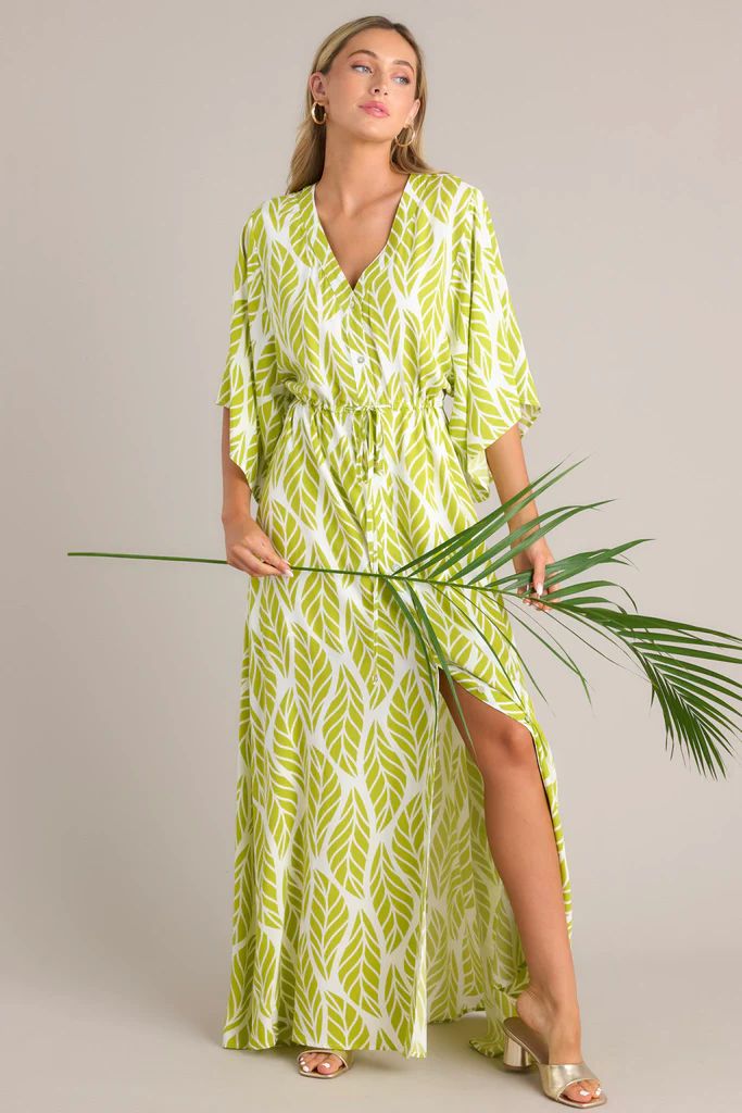 Sunset Palms Lime Green Tropical Print Button Front Maxi Dress | Red Dress
