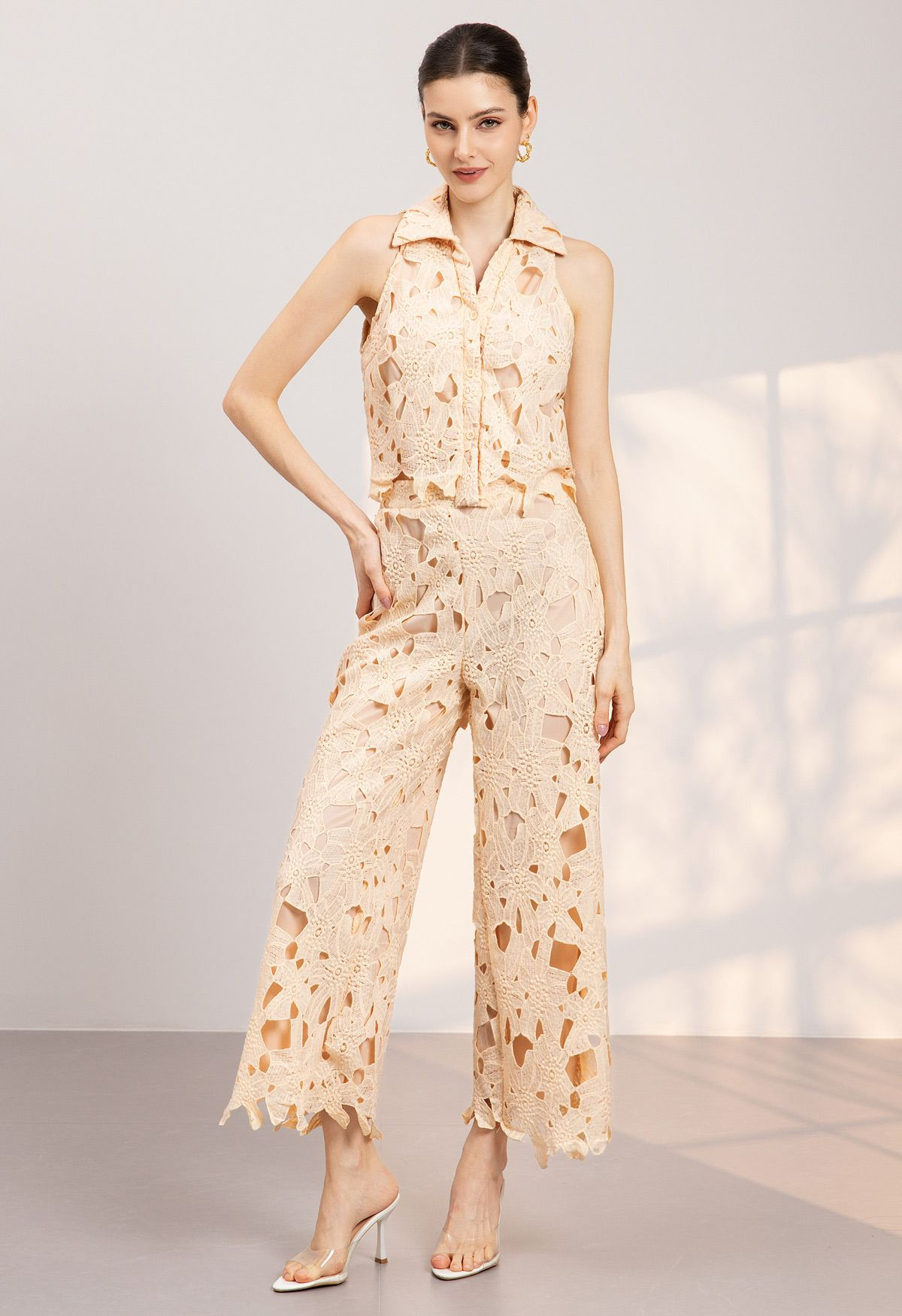 Guipure Lace Collar Crop Top and Pants Set in Apricot for Tropical Vacations & Beach Getaways | Chicwish