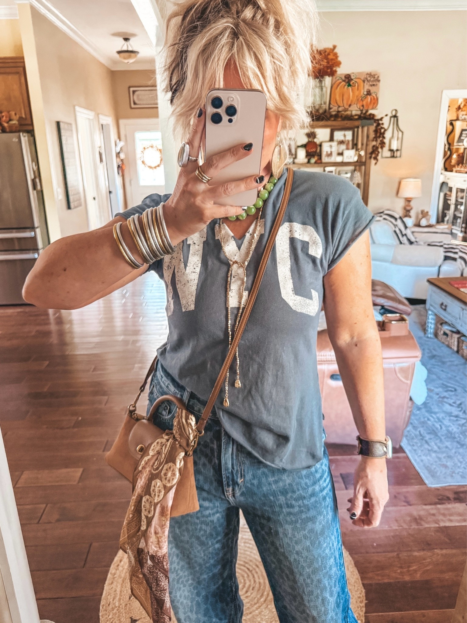 Tee sized down to a small & cut it 
Jeans true to size and have a baggy fit (I’m in a 8)
Love this bag, scarf, & beaded necklace too! All @Target
