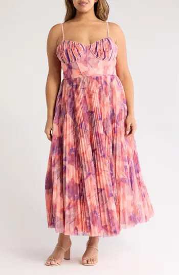 Hutch Amara Floral Bustier Pleated Fit & Flare Dress in Soft Peach/purple at Nordstrom Rack, Size 20W | Nordstrom Rack