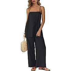 Linen Sets for Women 2 Piece Summer Spaghetti Strap Top Wide Leg Pant Set Beach Vacation Travel O... | Amazon (US)