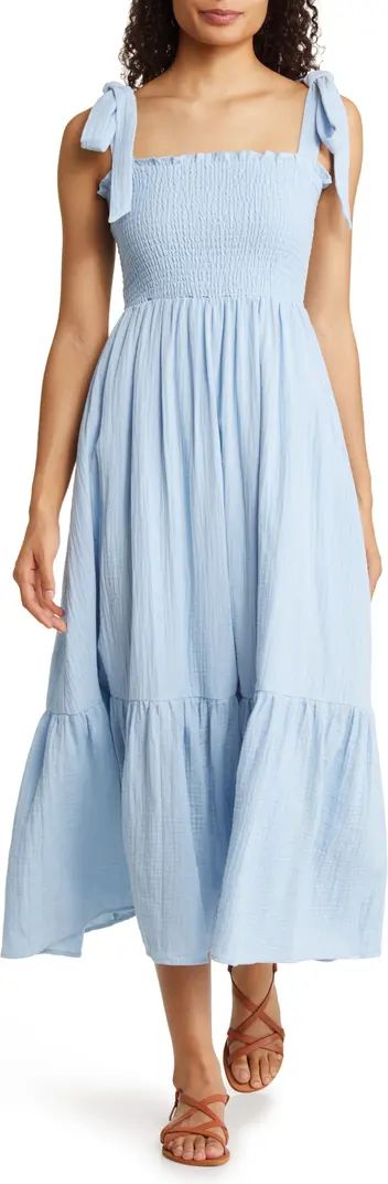 Smocked Tie Strap Cotton Gauze Midi Sundress | Nordstrom