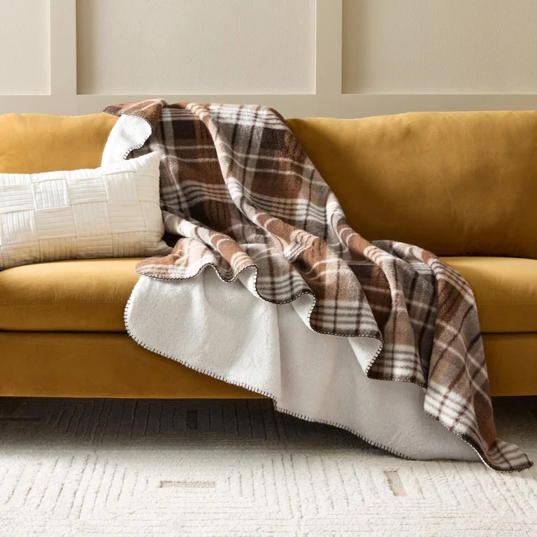 Better Homes & Gardens Plaid Reversible Faux Wool to Faux Fur Oversized Couch Throw Blanket, Brow... | Walmart (US)