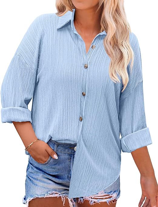 IN'VOLAND Womens Plus Size Button Down Shirt Casual Long Sleeve V Neck Collared Work Blouses Summ... | Amazon (US)