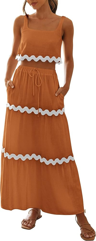 PRETTYGARDEN Womens 2 Piece Summer Casual Sleeveless Cropped Tank Top High Waisted Maxi Skirt Set | Amazon (US)