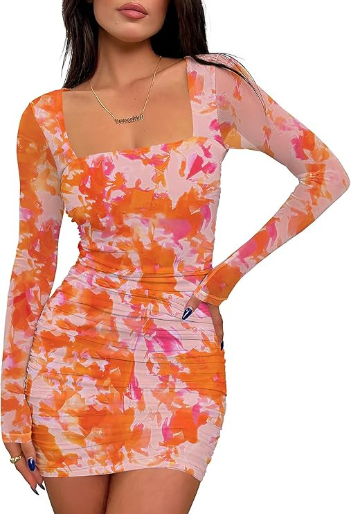 Prinbara Womens Mesh Long Sleeve Square Neck Ruched Mini Dress Sexy Bodycon Elegant Cocktail Even... | Amazon (US)