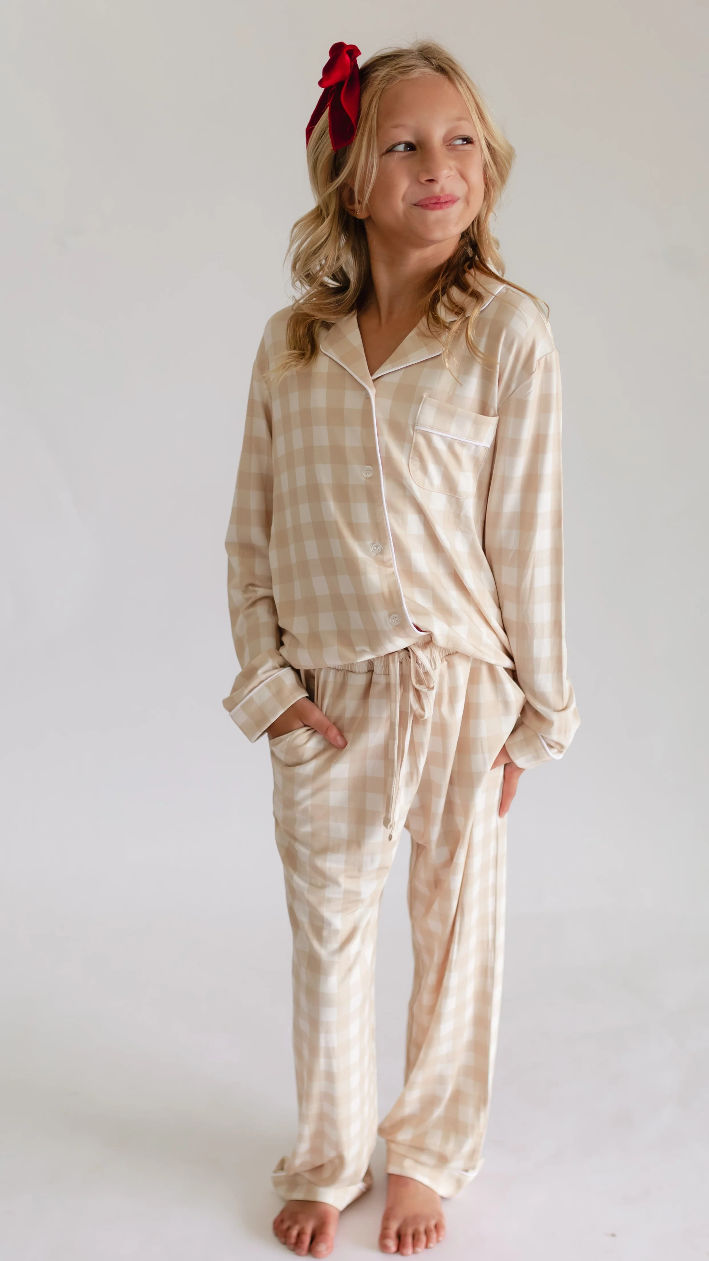 Girl's Button Up Set in Neutral Gingham | Silks Design