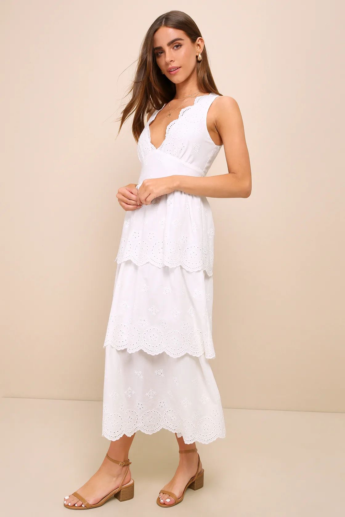 Sunshine Selection White Eyelet Embroidered Tiered Midi Dress | Lulus