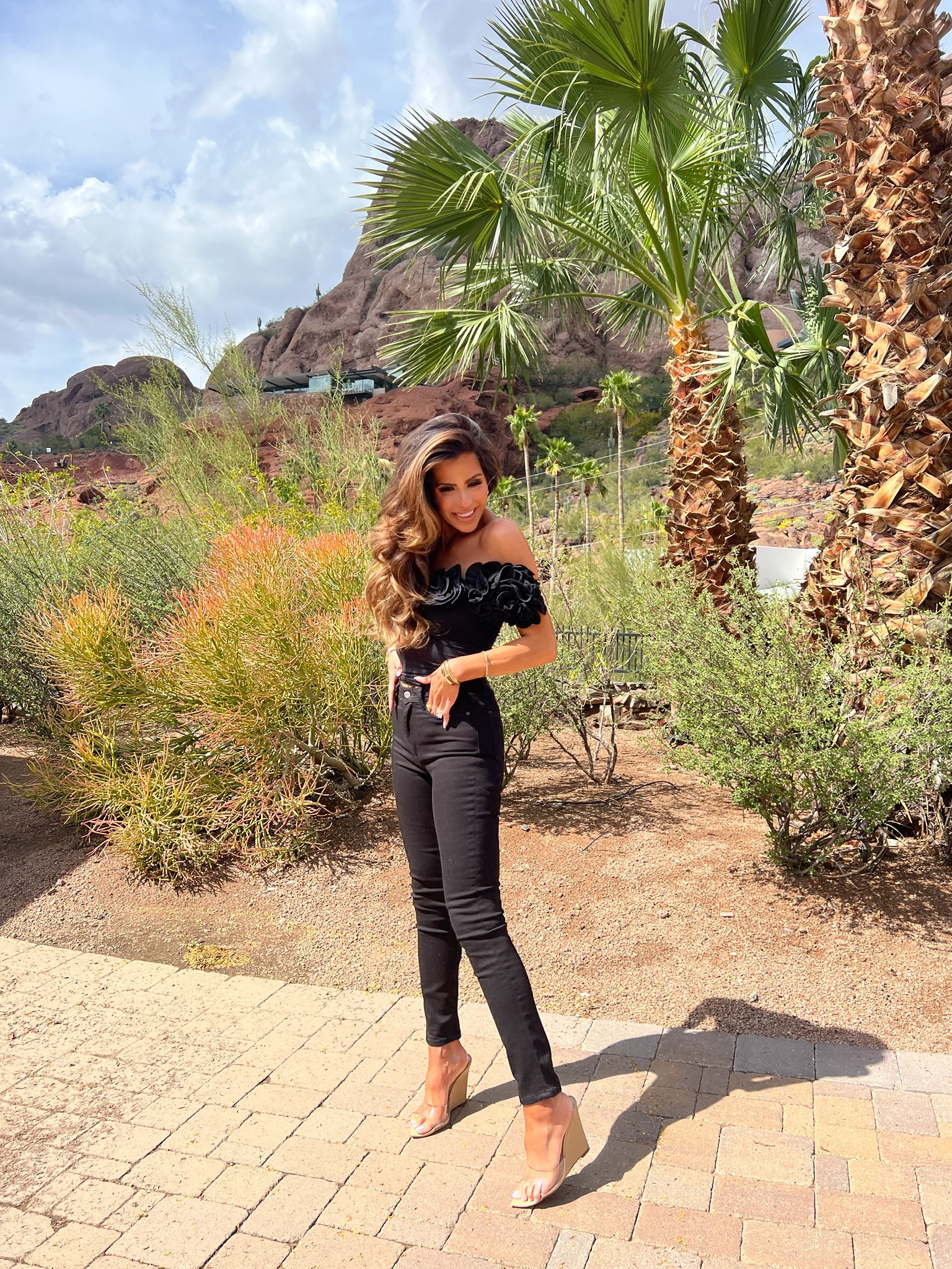 Express, off the shoulder top, black jeans, nude wedges, date night outfit, spring top, Scottsdale, flattering outfit ideas, emily Ann Gemma 

#LTKtravel #LTKstyletip #LTKshoecrush