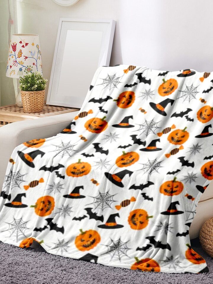 1pc Pumpkin Hat Spider Webs Bat Print Blanket, Soft Warm Throw Blanket Blanket For Couch Sofa Off... | SHEIN