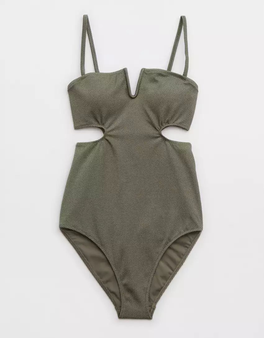 Aerie Shine Pique V Wire Cut Out One Piece Swimsuit | Aerie