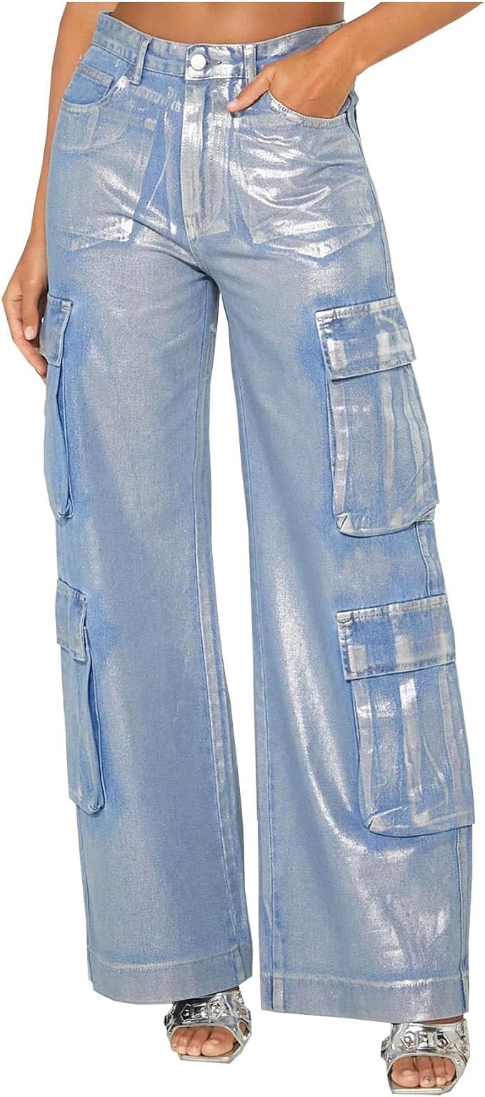 Women's High Waist Metallic Cargo Jeans Flap Pocket Wide Leg Denim Pants | Amazon (US)