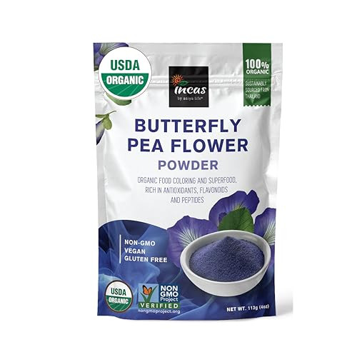 INCAS 100% USDA Organic Butterfly Pea Flower Powder (4 Ounce) | Organic Blue Matcha Tea | Non-GMO Verified Extract from Thailand | Natural Blue Food Coloring | Adaptogenic Raw Culinary | Vegan | Amazon (US)