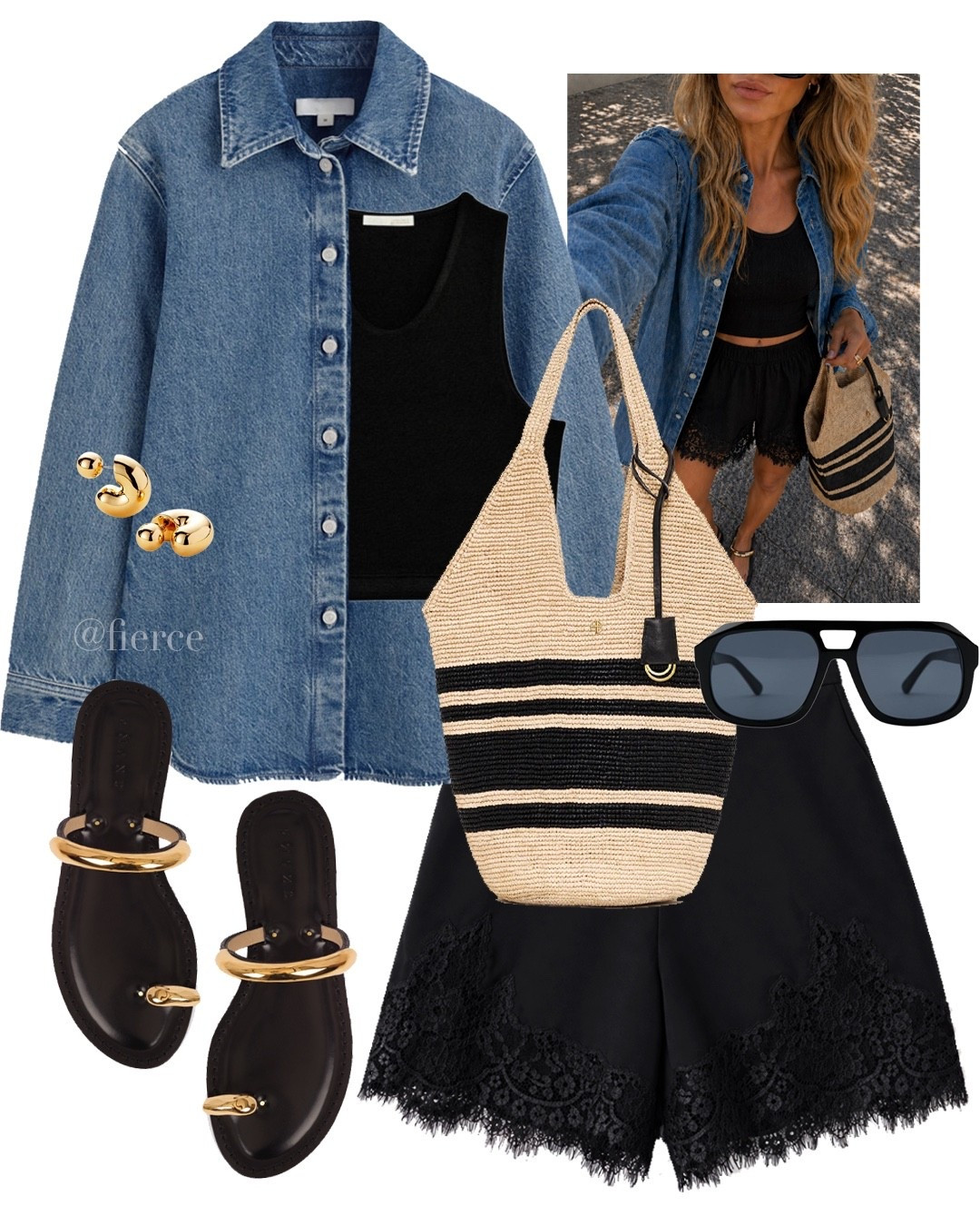 Black satin lace shorts denim shirt gold detail sandals striped raffia tote bag casual weekend look city break 

#LTKuk #LTKspring #LTKsummer