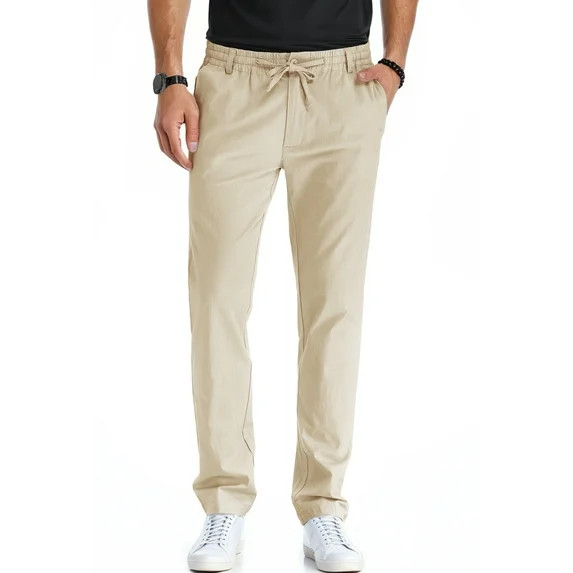 JWD Men's Cotton Linen Pants Elastic Waist Drawstring Casual Trouser Lightweight Straight-Legs Lo... | Walmart (US)