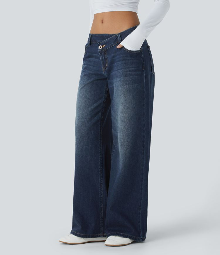 Women’s Halara Flex™ Asymmetric Low Rise Zipper Pockets Baggy Wide Leg Washed Casual Jeans - ... | HALARA